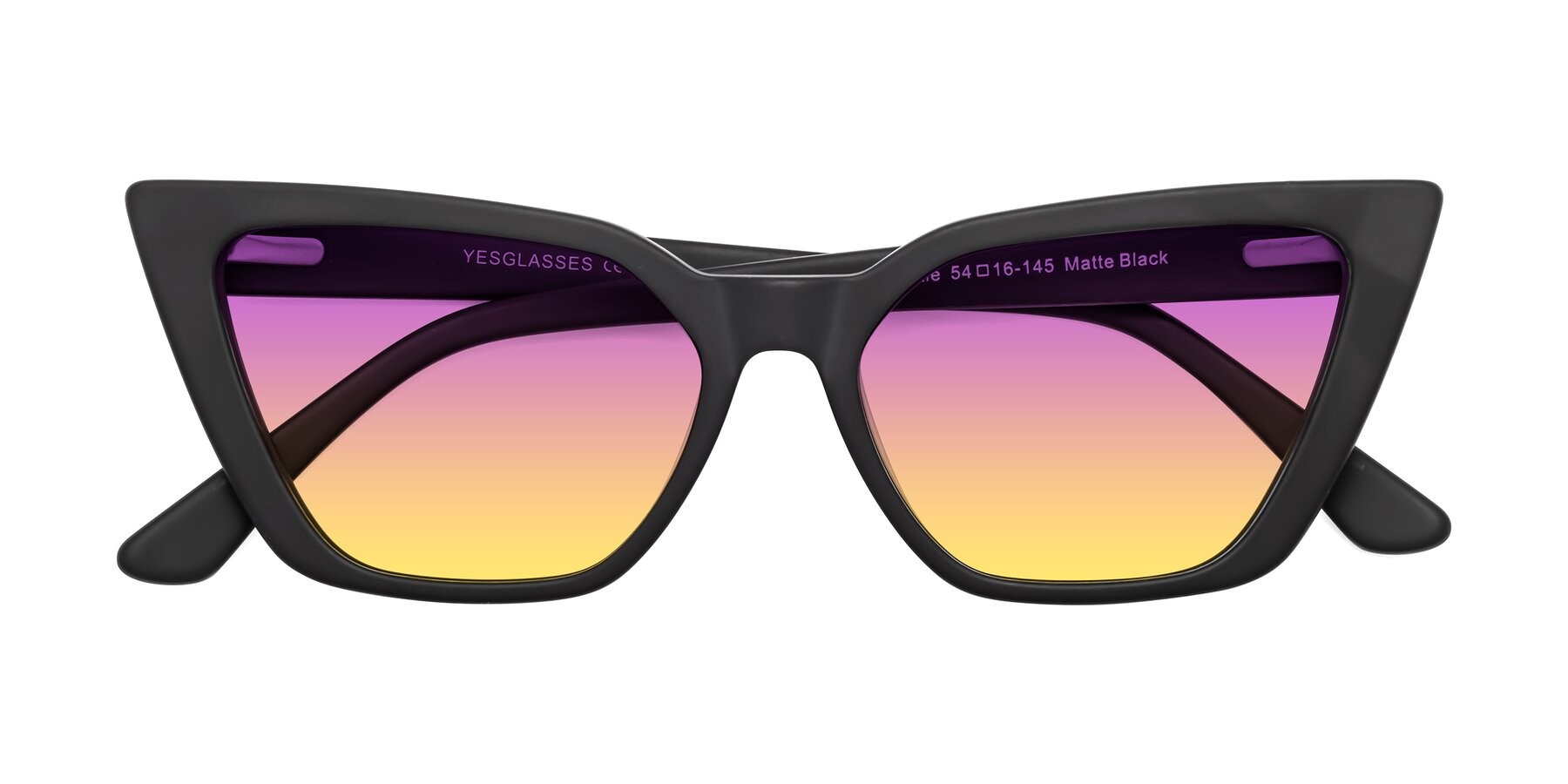 Folded Front of Bowtie in Matte Black with Purple / Yellow Gradient Lenses