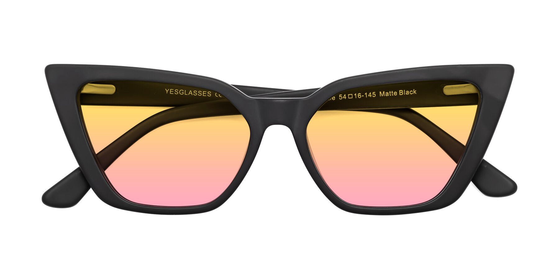 Folded Front of Bowtie in Matte Black with Yellow / Pink Gradient Lenses