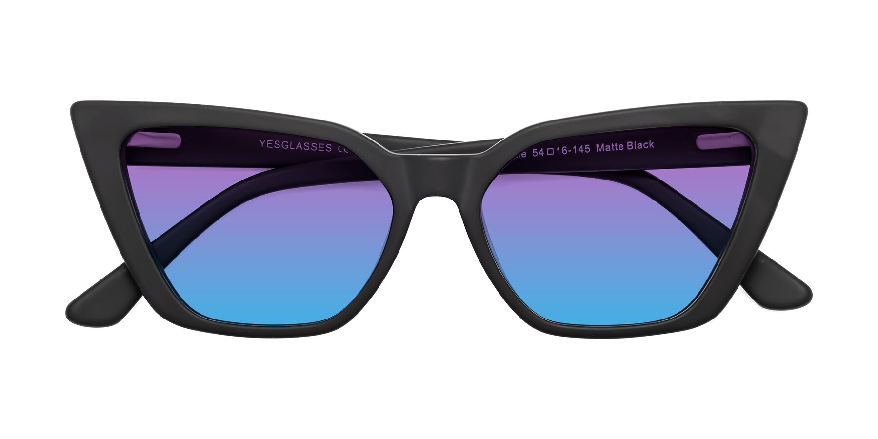 Folded Front of Bowtie in Matte Black with Purple / Blue Gradient Lenses