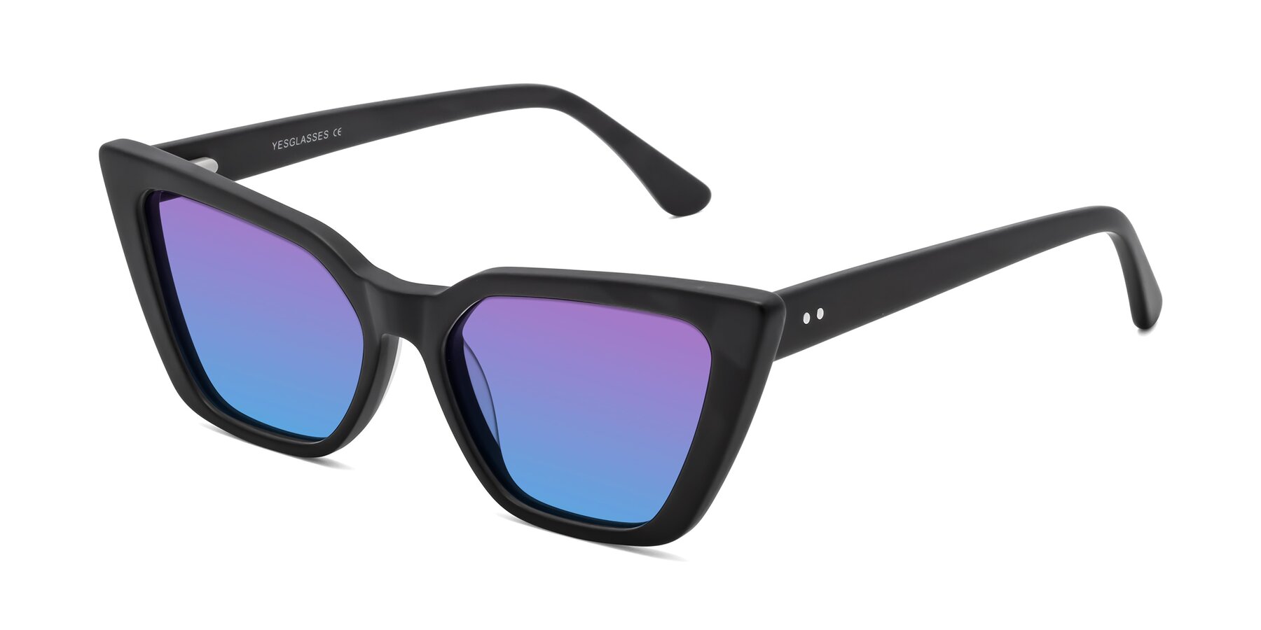 Angle of Bowtie in Matte Black with Purple / Blue Gradient Lenses