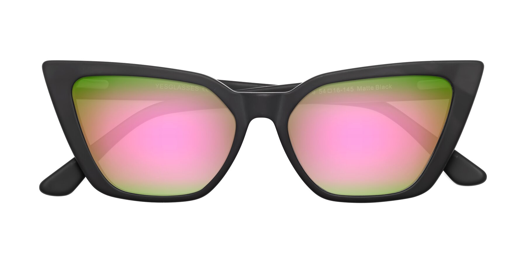 Folded Front of Bowtie in Matte Black with Pink Mirrored Lenses