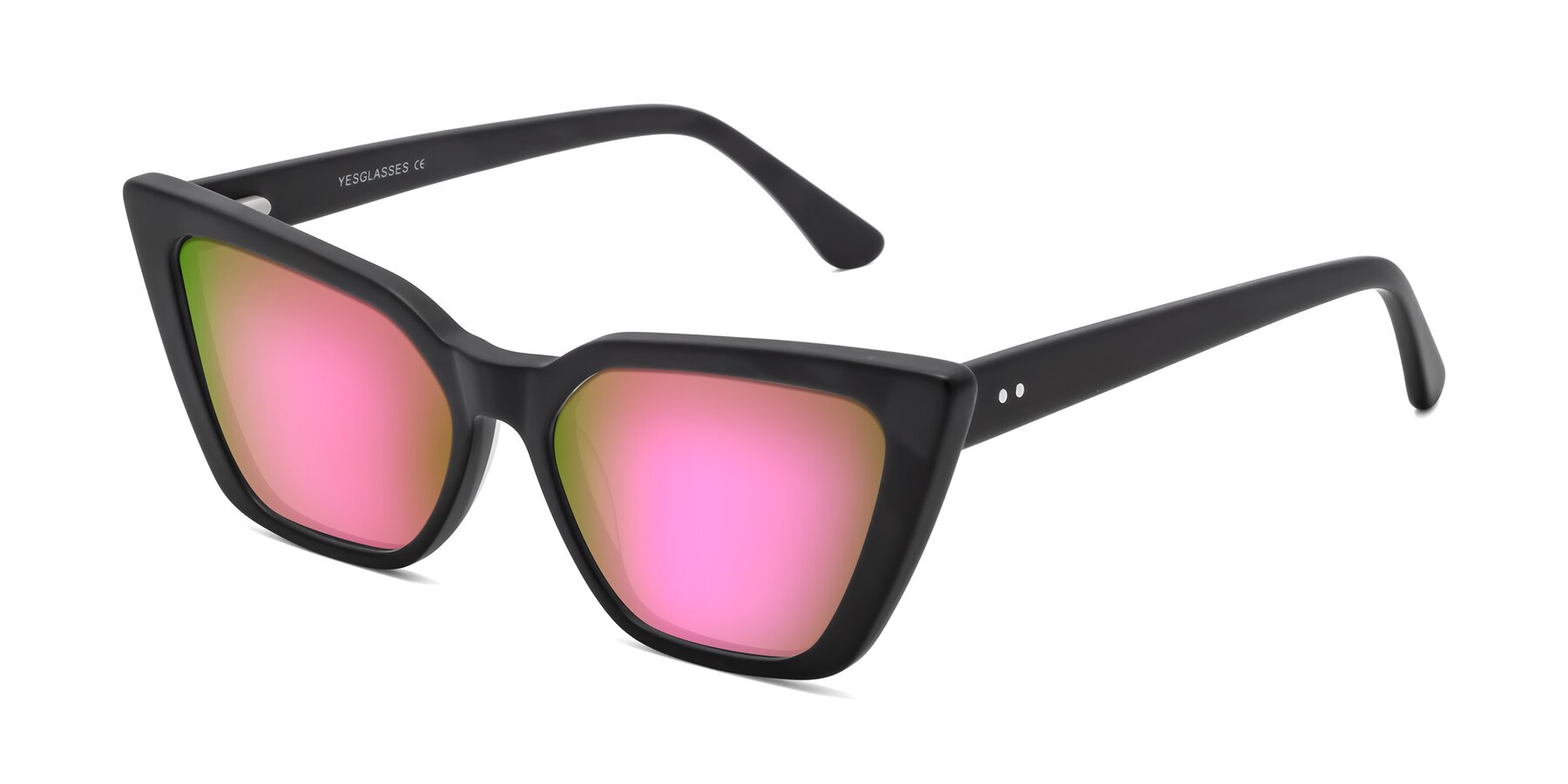 Angle of Bowtie in Matte Black with Pink Mirrored Lenses