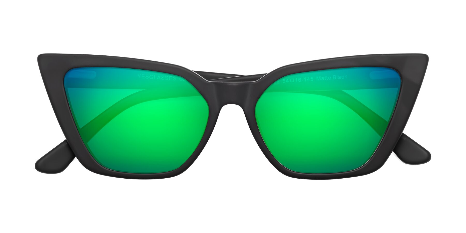 Folded Front of Bowtie in Matte Black with Green Mirrored Lenses