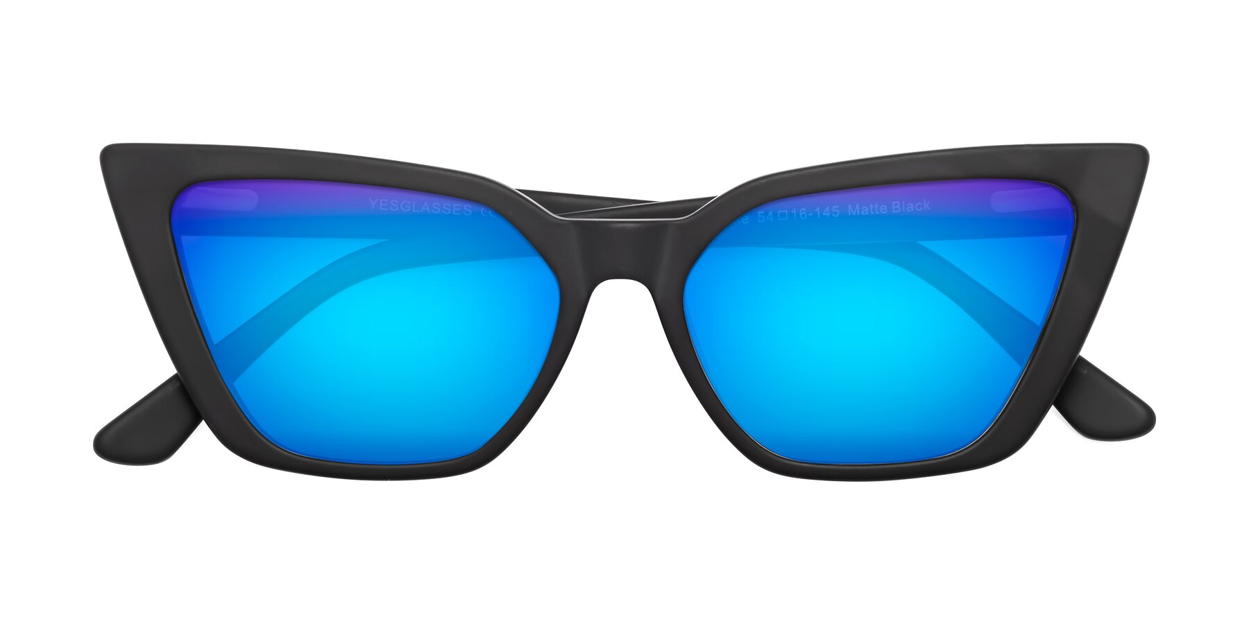 Folded Front of Bowtie in Matte Black with Blue Mirrored Lenses