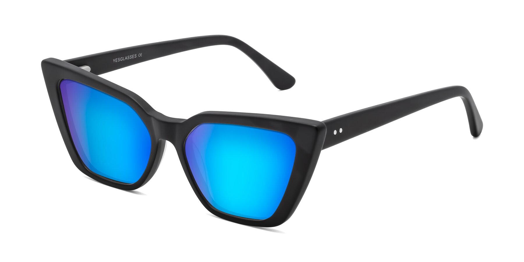 Angle of Bowtie in Matte Black with Blue Mirrored Lenses