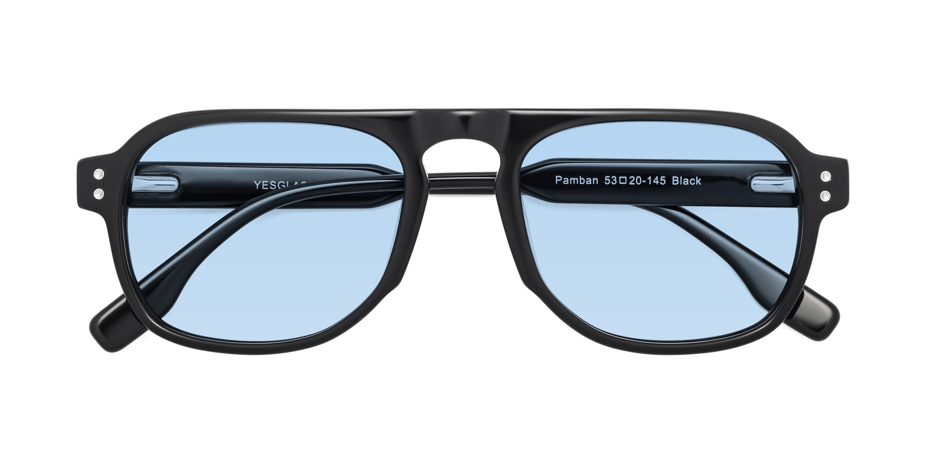 Folded Front of Pamban in Black with Light Blue Tinted Lenses