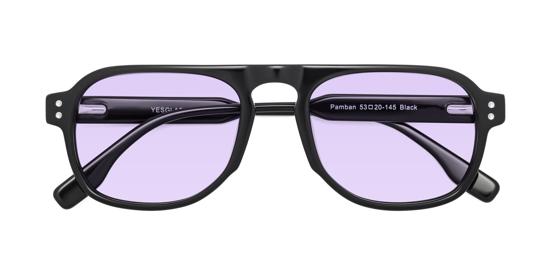 Folded Front of Pamban in Black with Light Purple Tinted Lenses