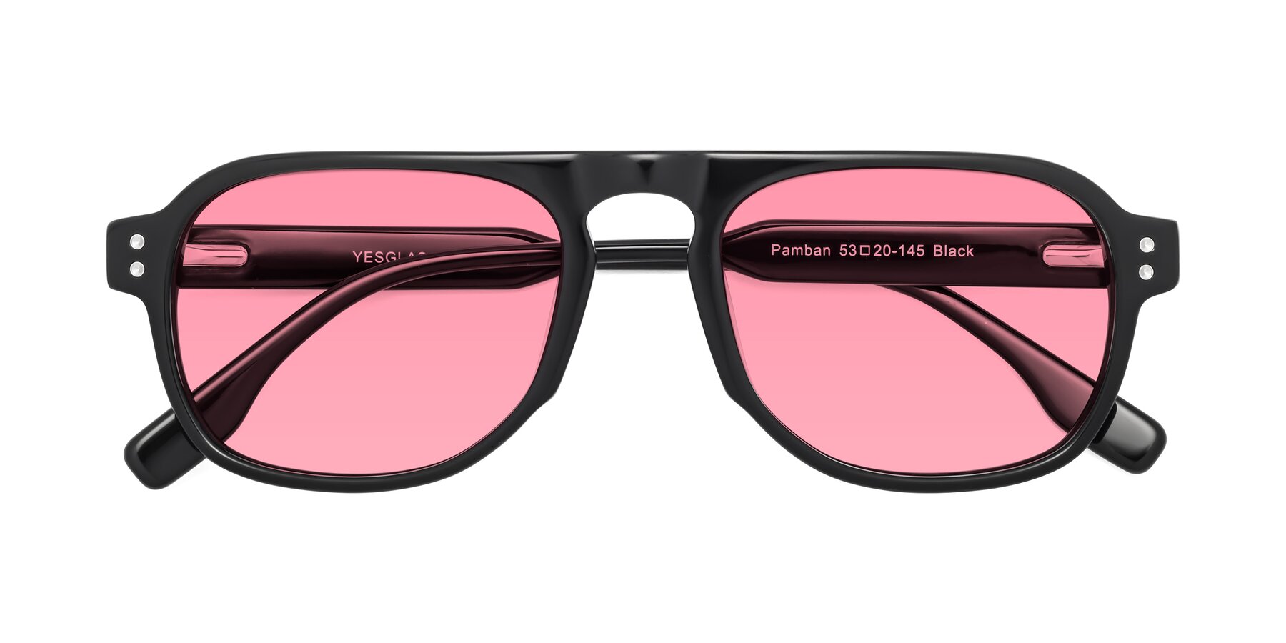 Folded Front of Pamban in Black with Pink Tinted Lenses