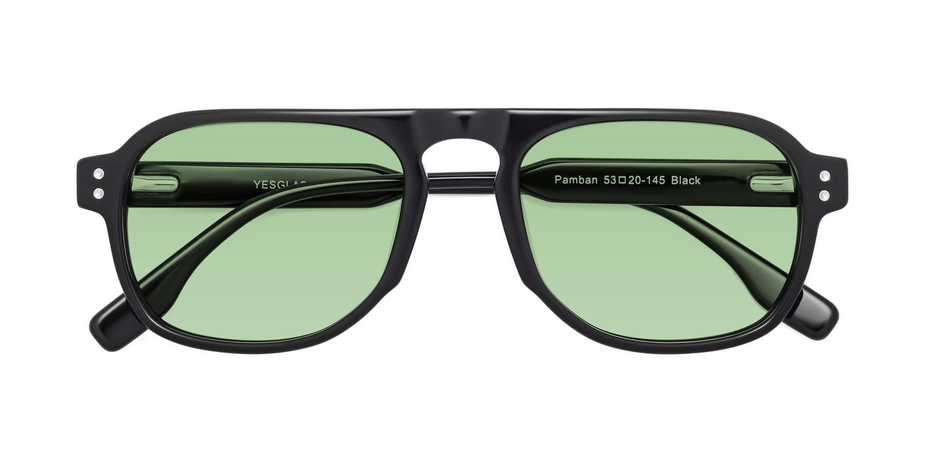 Folded Front of Pamban in Black with Medium Green Tinted Lenses