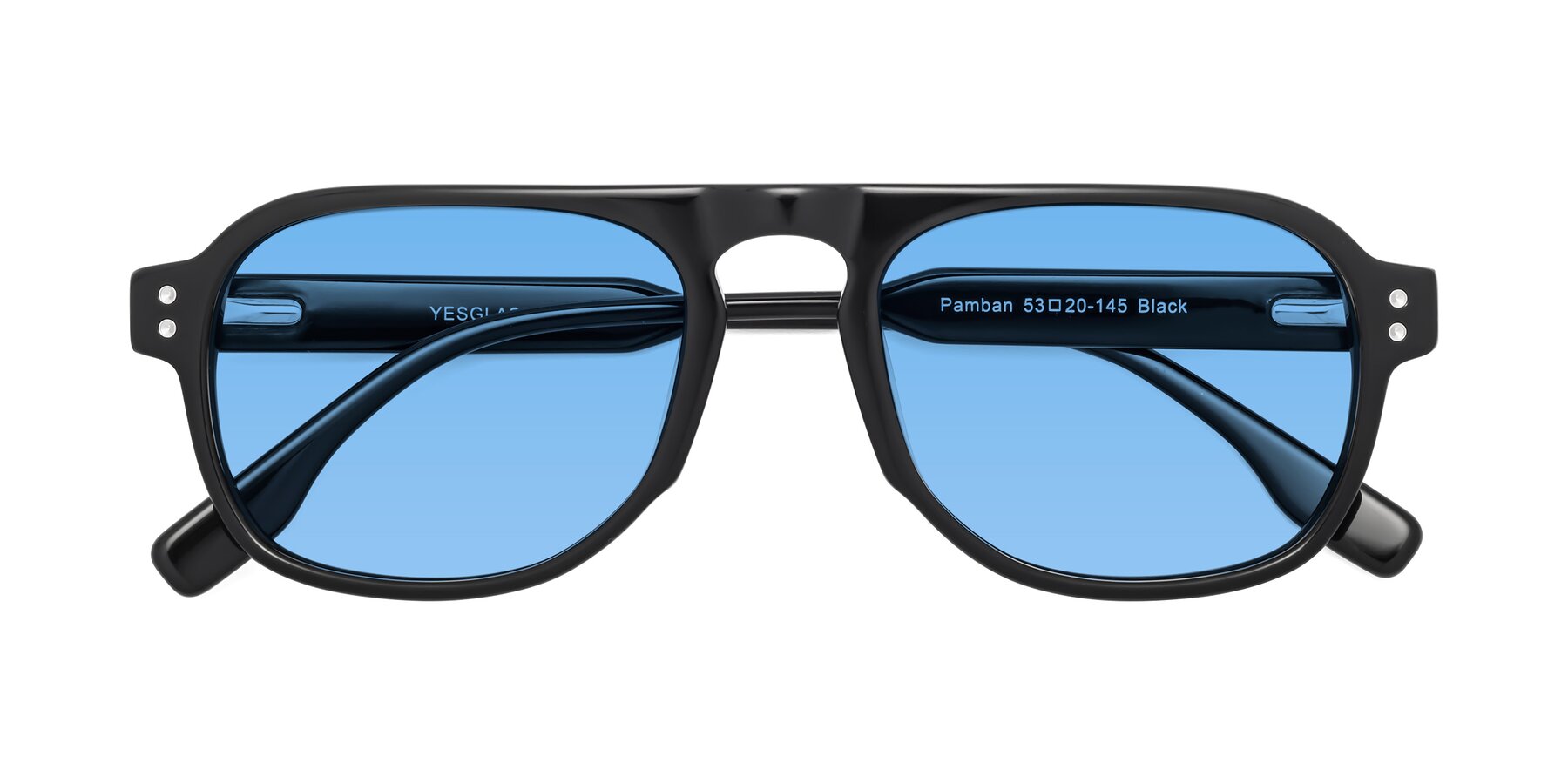 Folded Front of Pamban in Black with Medium Blue Tinted Lenses