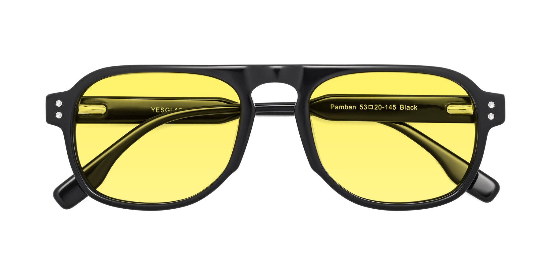 Folded Front of Pamban in Black with Medium Yellow Tinted Lenses