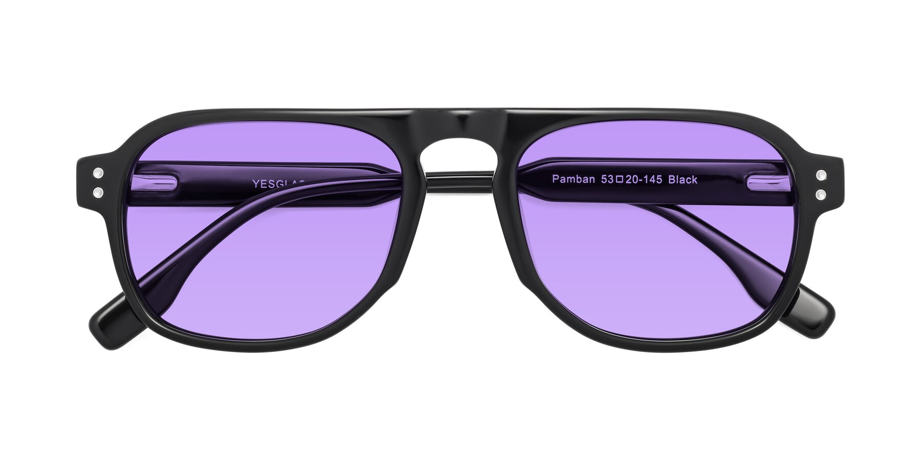 Folded Front of Pamban in Black with Medium Purple Tinted Lenses