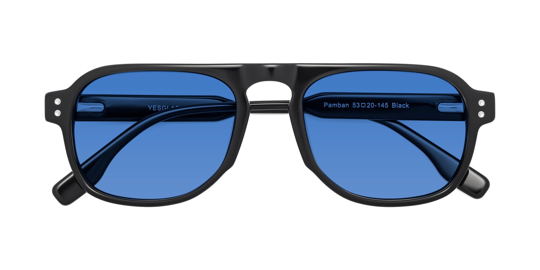 Folded Front of Pamban in Black with Blue Tinted Lenses
