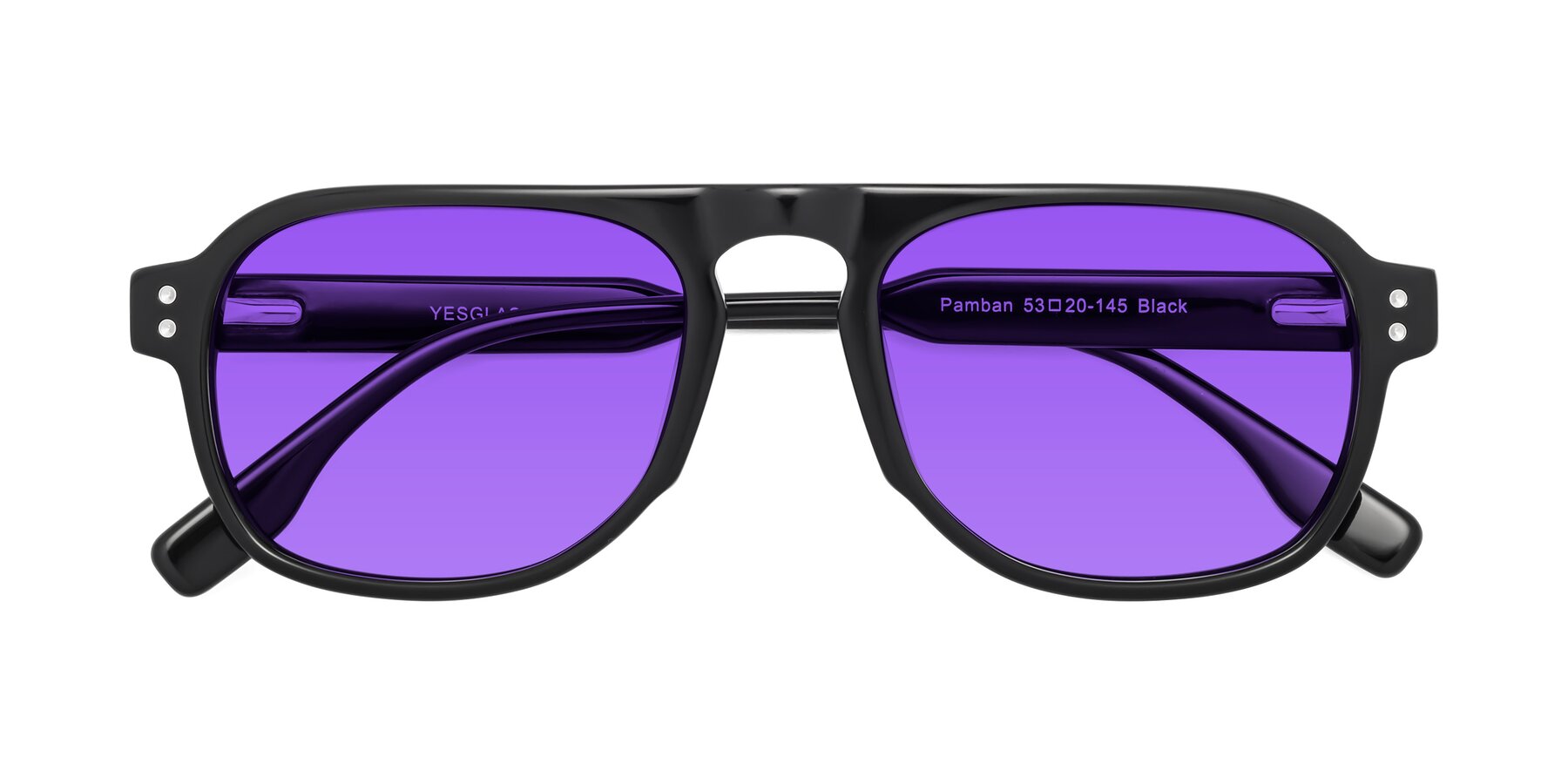 Folded Front of Pamban in Black with Purple Tinted Lenses