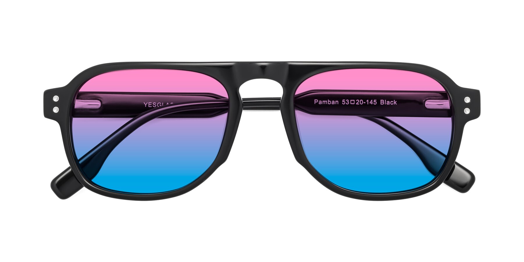 Folded Front of Pamban in Black with Pink / Blue Gradient Lenses