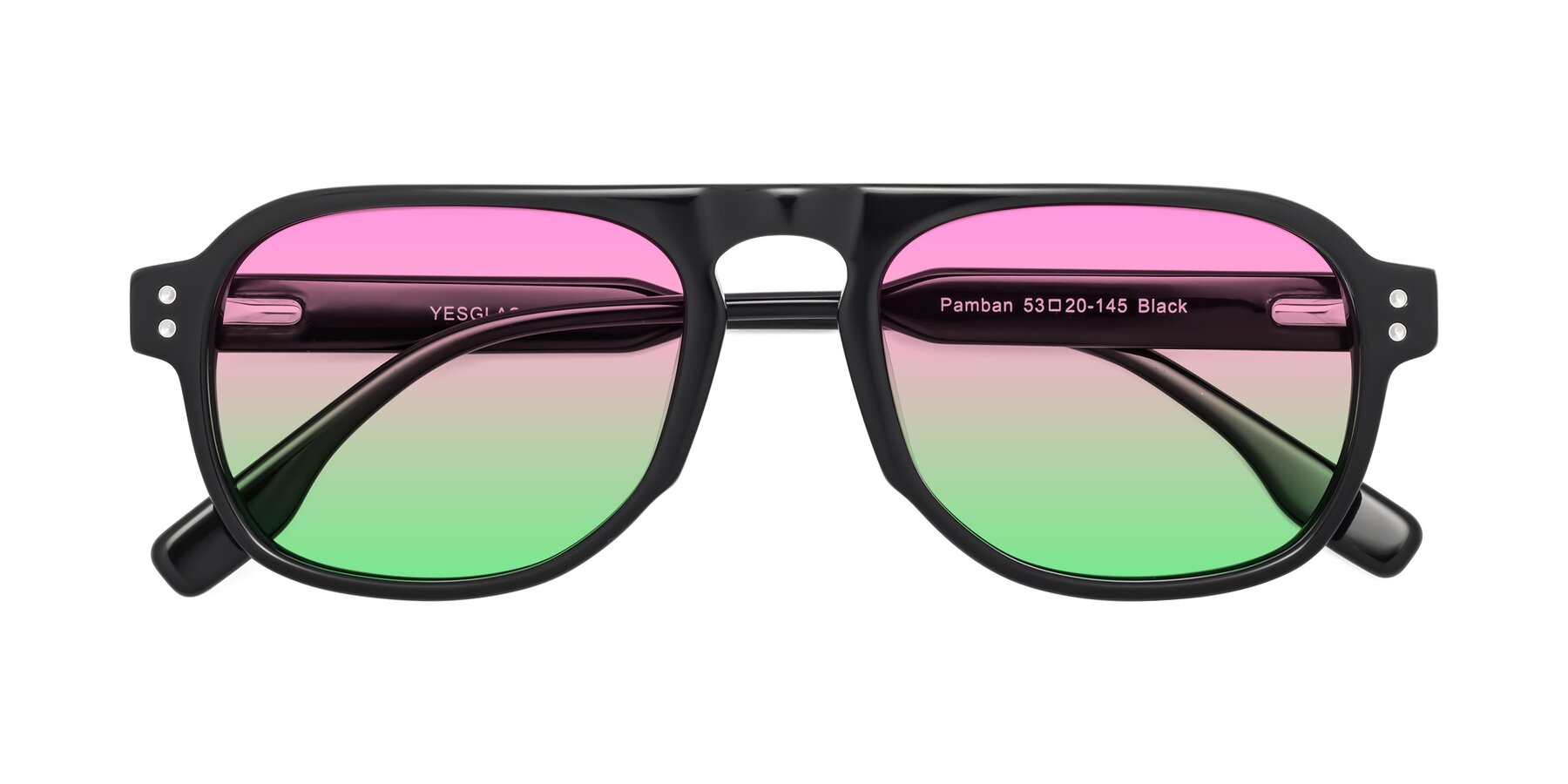 Folded Front of Pamban in Black with Pink / Green Gradient Lenses