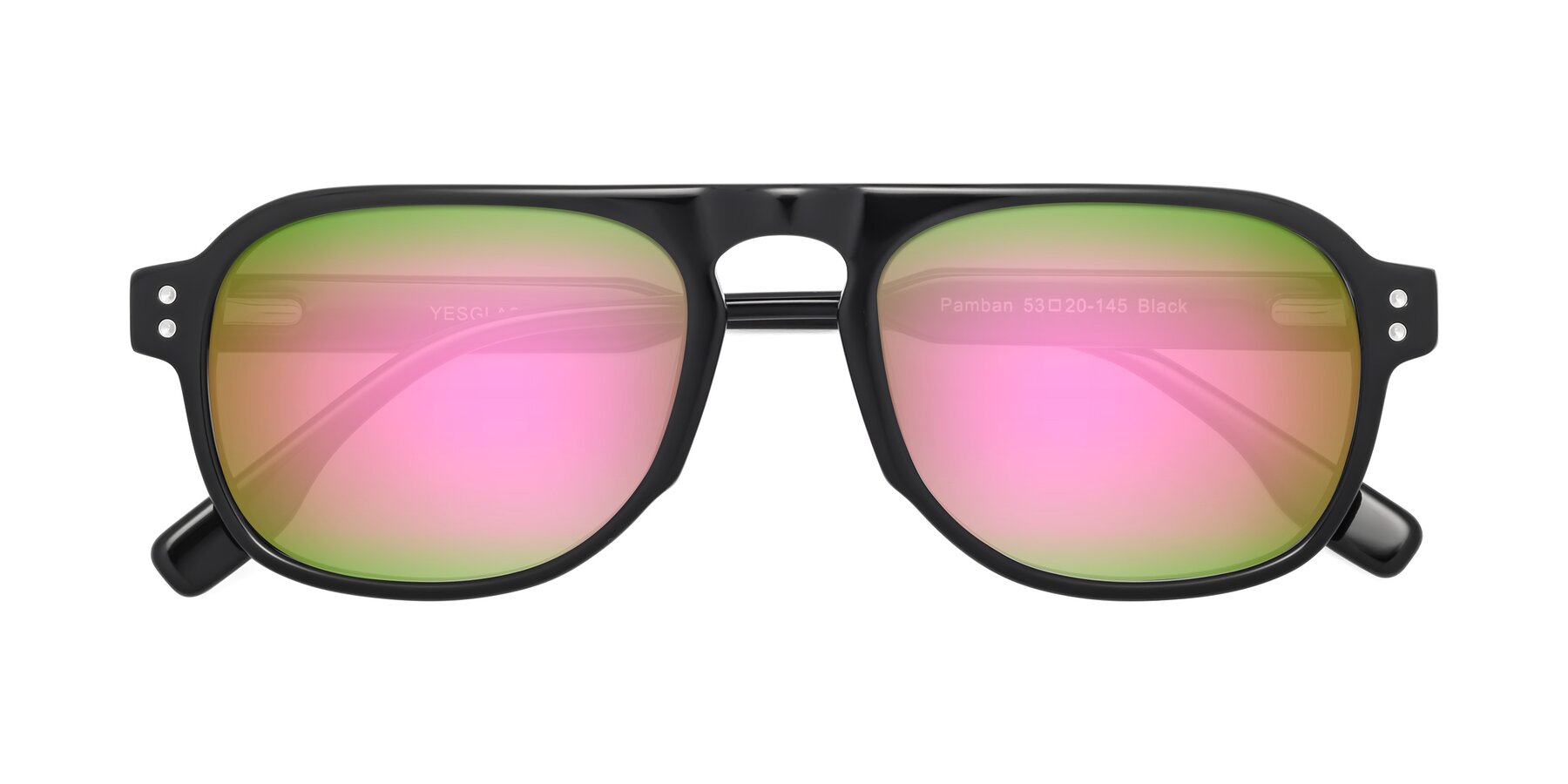 Folded Front of Pamban in Black with Pink Mirrored Lenses