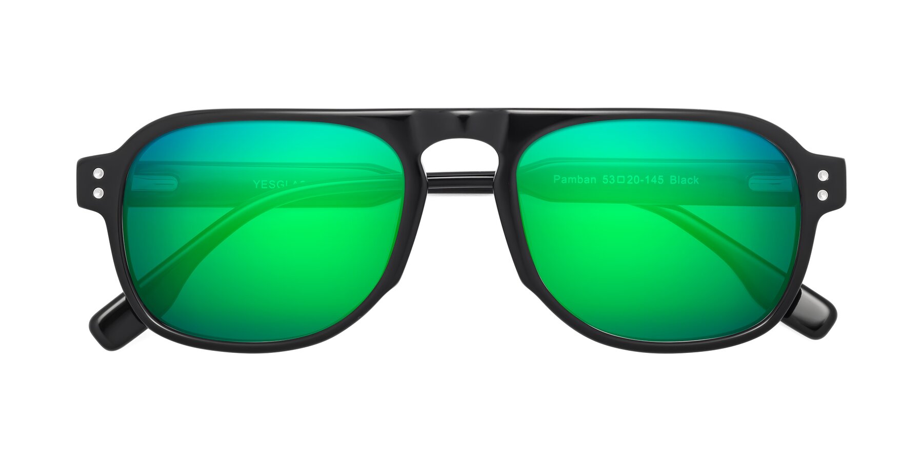 Folded Front of Pamban in Black with Green Mirrored Lenses