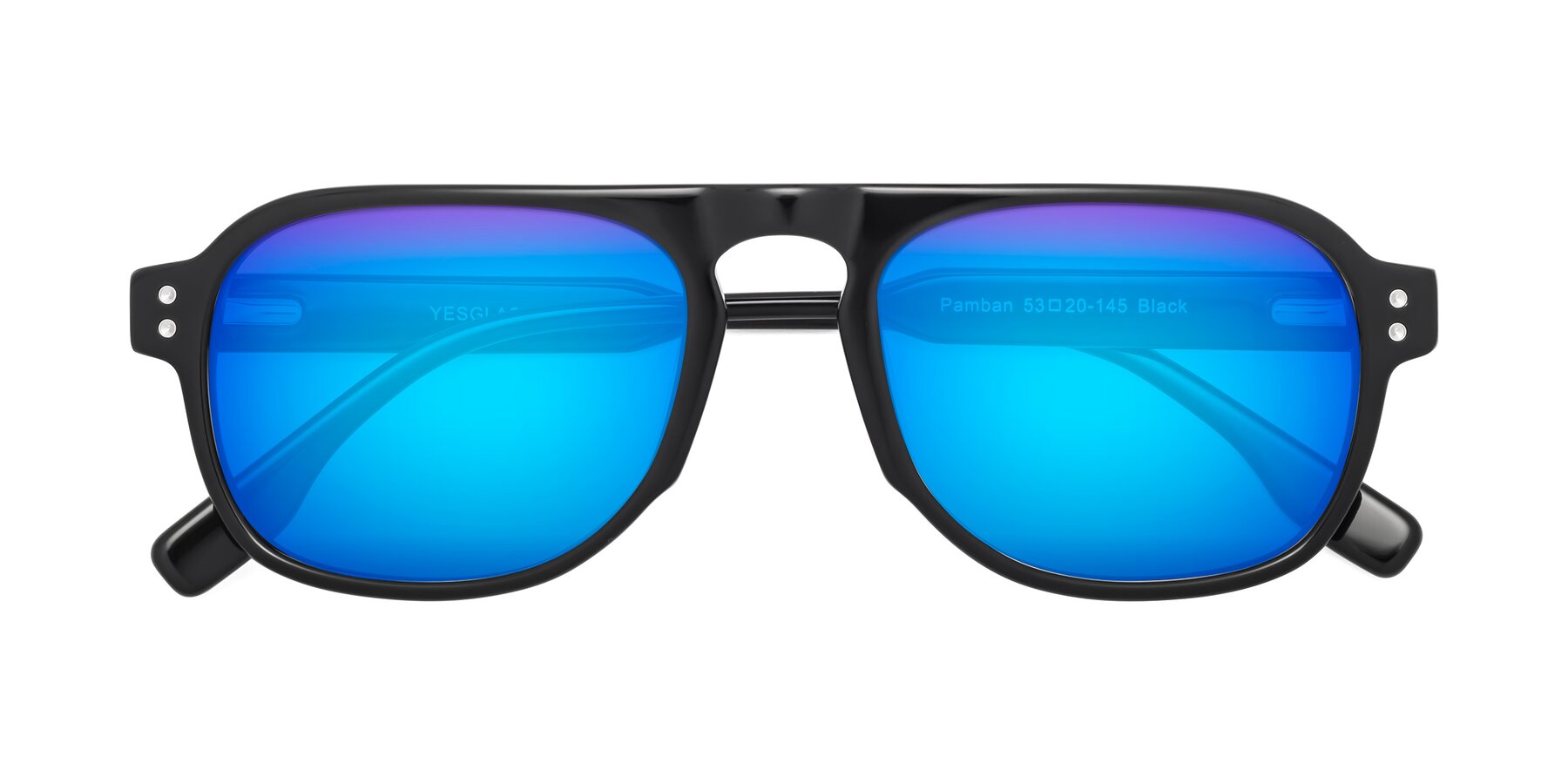 Folded Front of Pamban in Black with Blue Mirrored Lenses