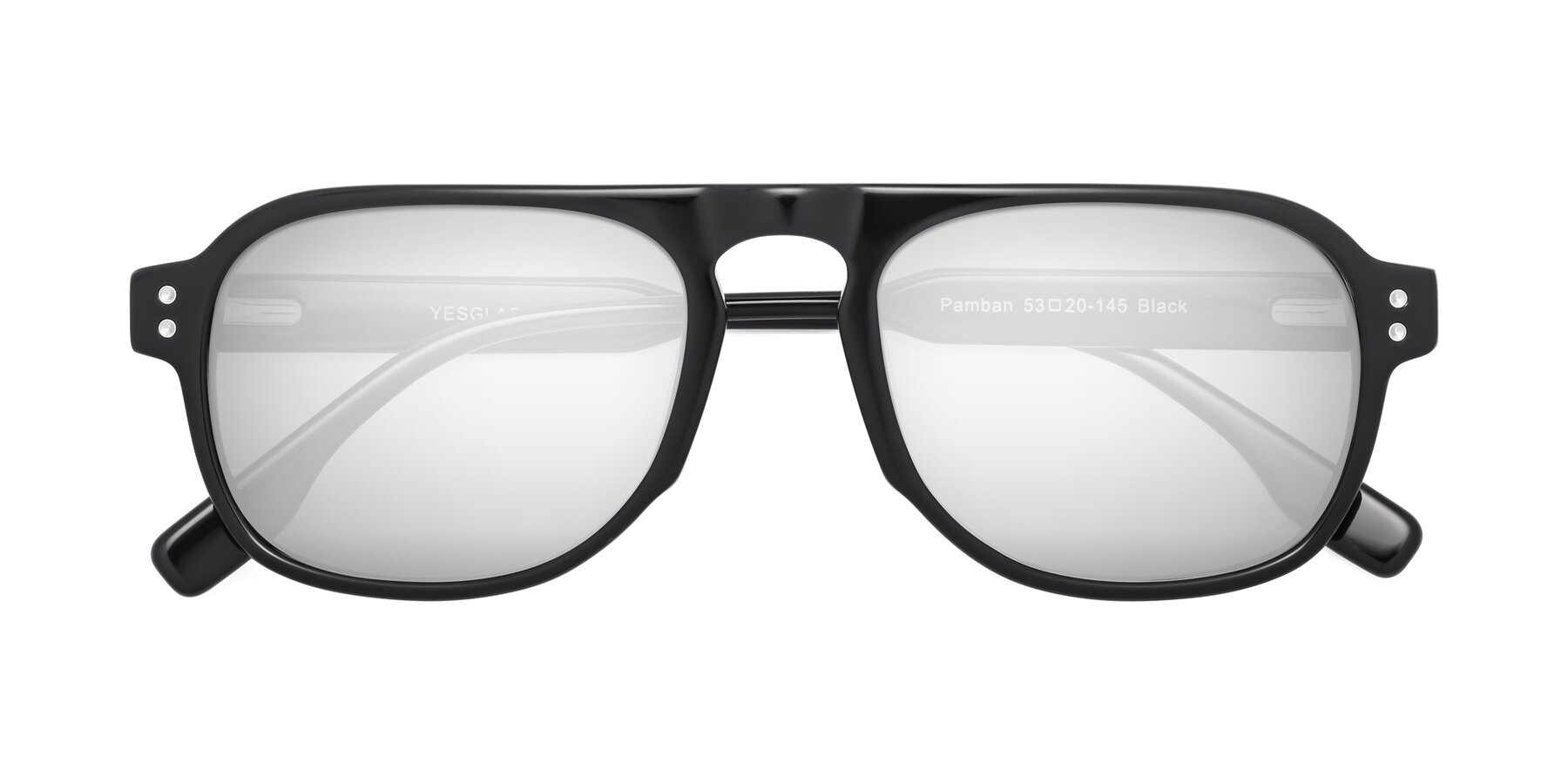 Folded Front of Pamban in Black with Silver Mirrored Lenses