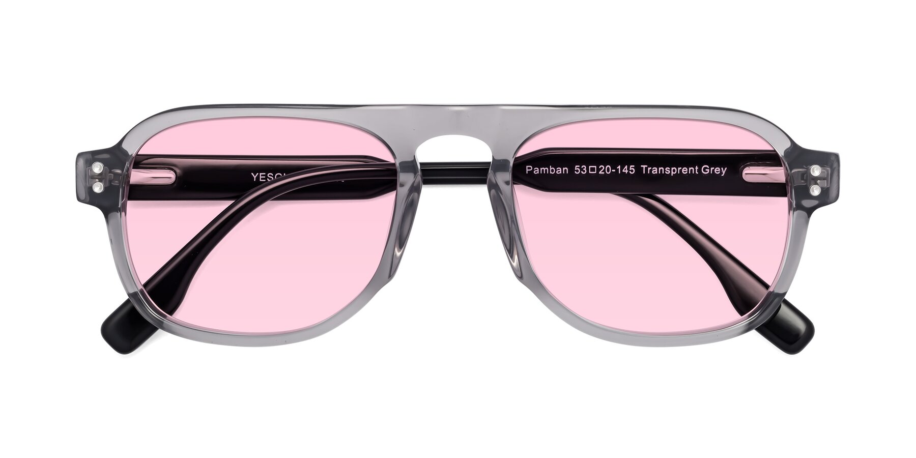 Folded Front of Pamban in Transprent Gray with Light Pink Tinted Lenses