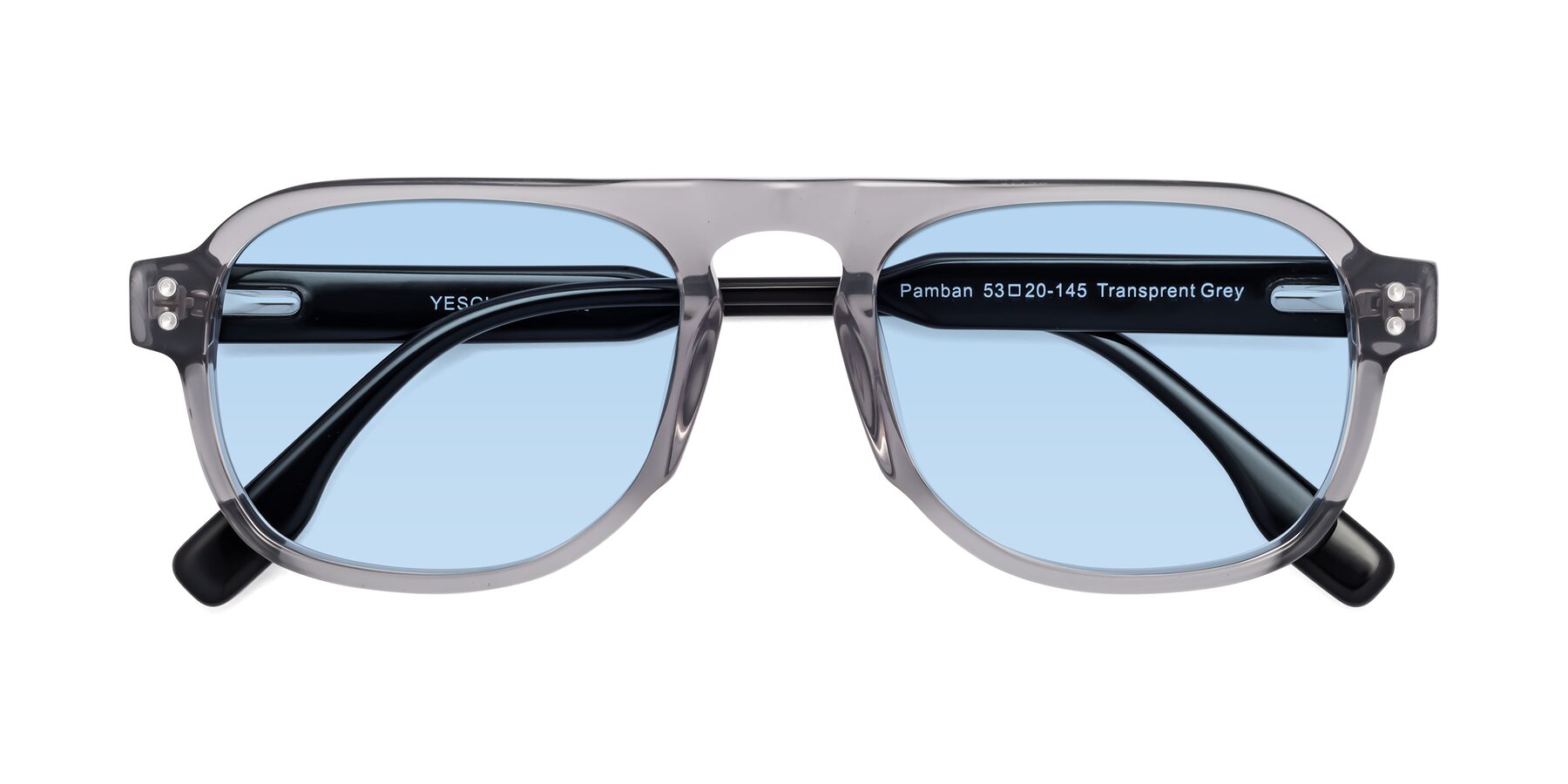 Folded Front of Pamban in Transprent Gray with Light Blue Tinted Lenses
