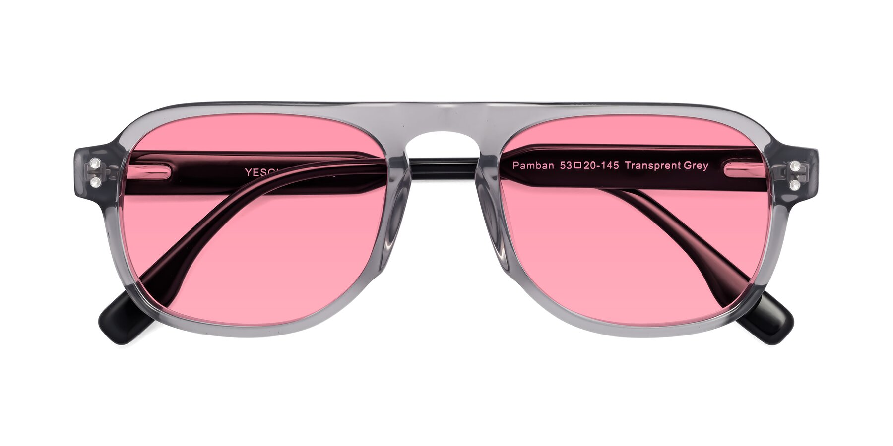 Folded Front of Pamban in Transprent Gray with Pink Tinted Lenses