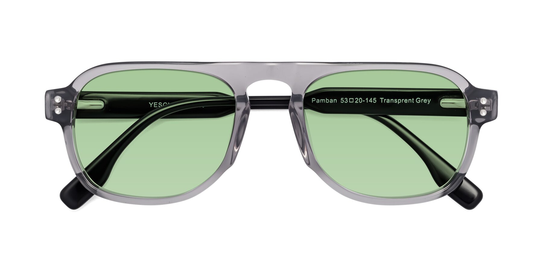 Folded Front of Pamban in Transprent Gray with Medium Green Tinted Lenses