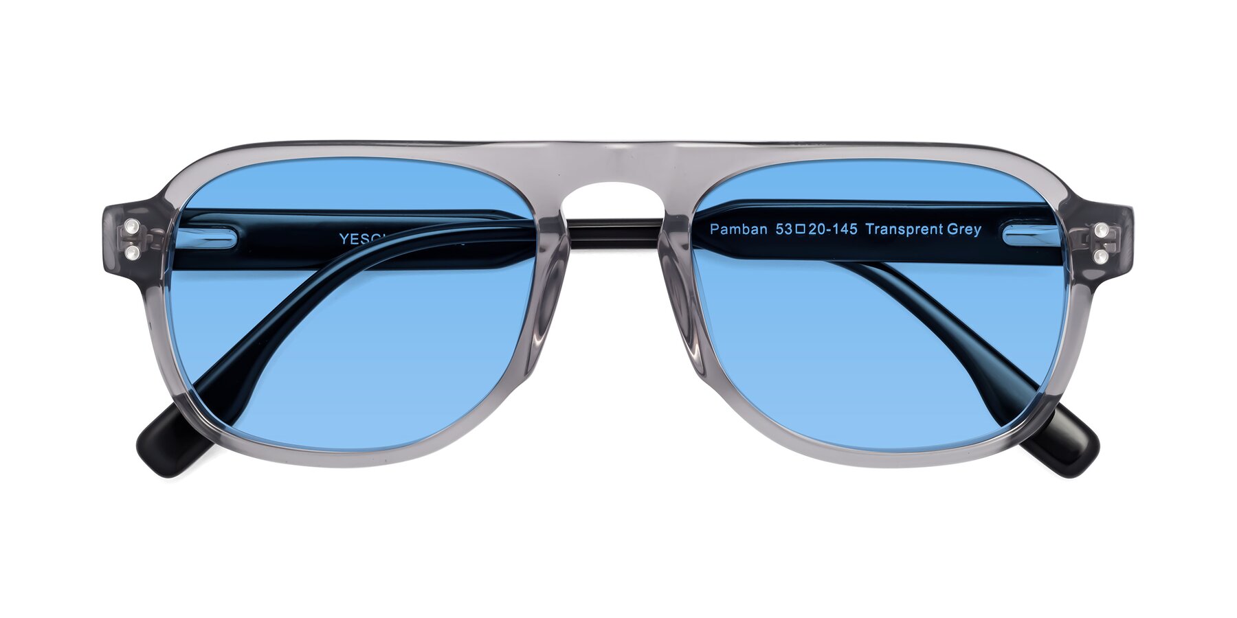 Folded Front of Pamban in Transprent Gray with Medium Blue Tinted Lenses