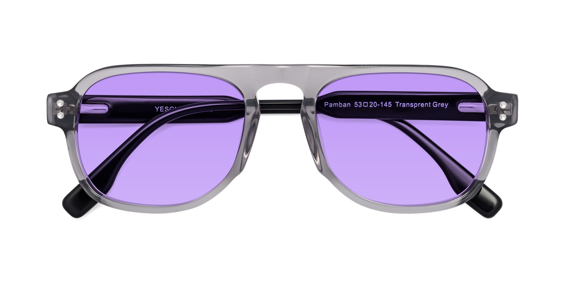 Folded Front of Pamban in Transprent Gray with Medium Purple Tinted Lenses