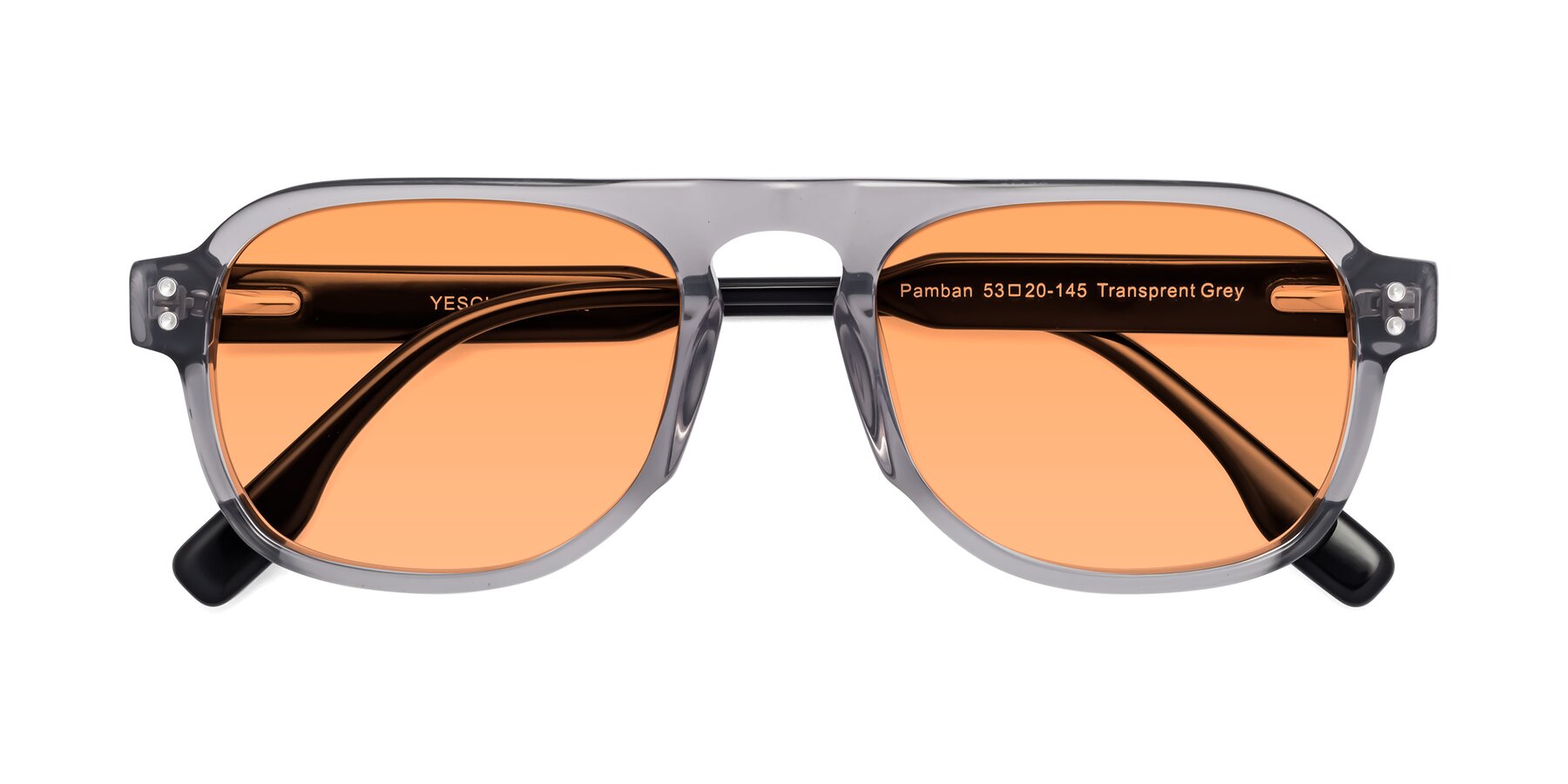 Folded Front of Pamban in Transprent Gray with Medium Orange Tinted Lenses
