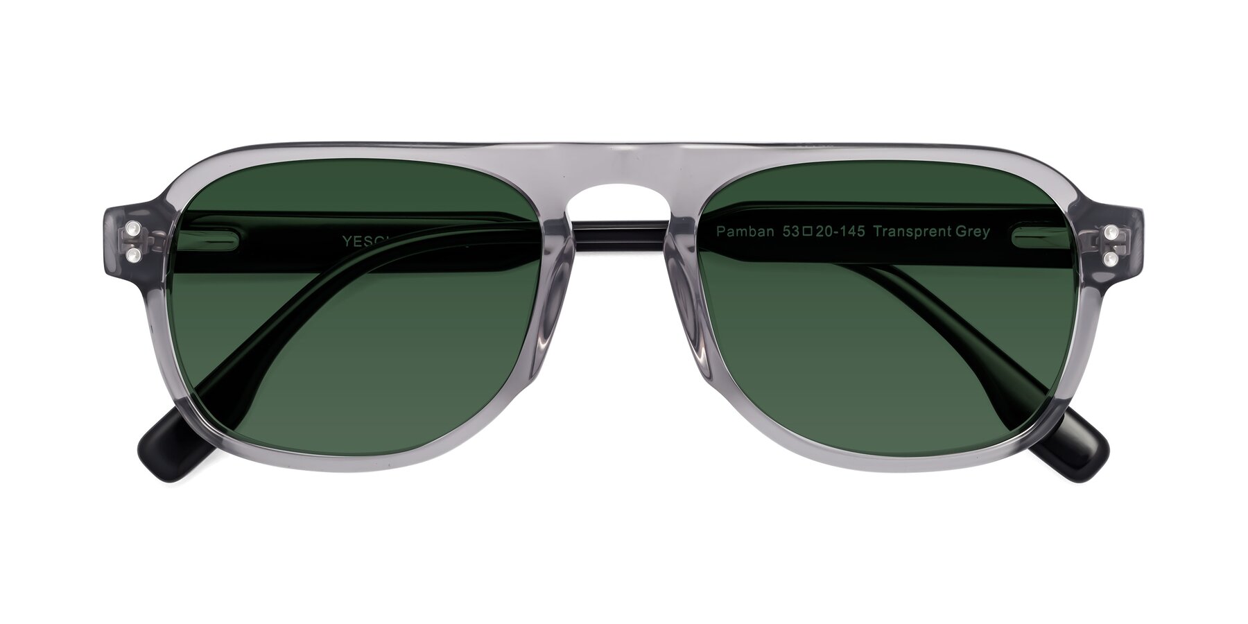 Folded Front of Pamban in Transprent Gray with Green Tinted Lenses