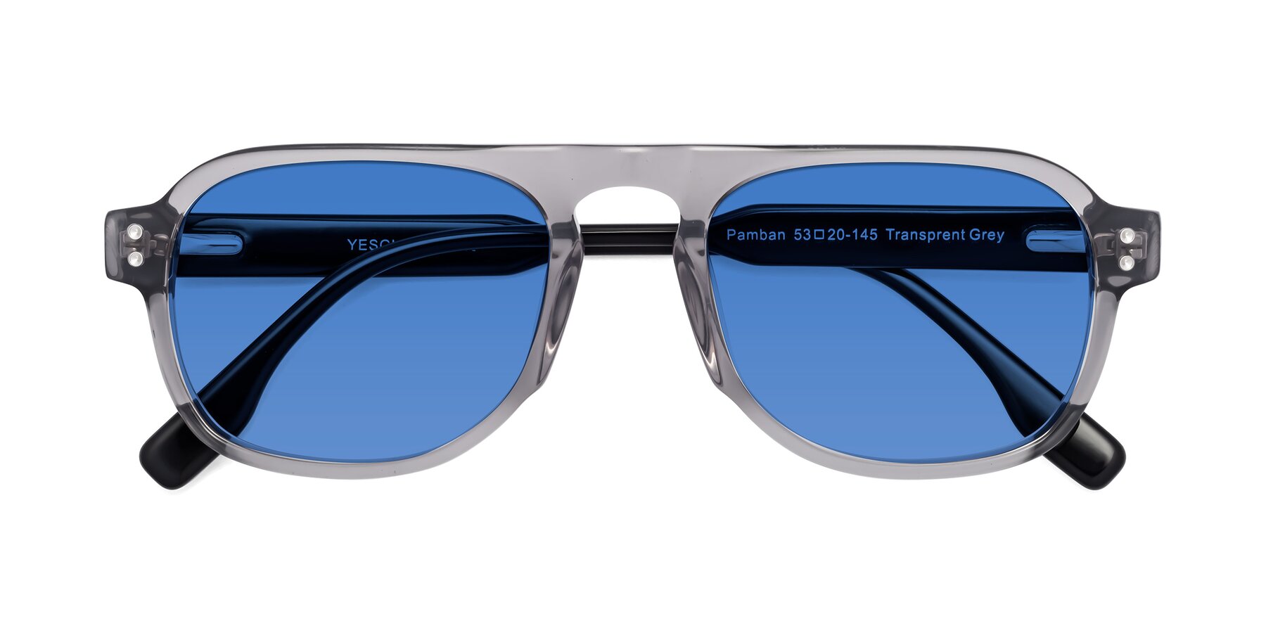 Folded Front of Pamban in Transprent Gray with Blue Tinted Lenses