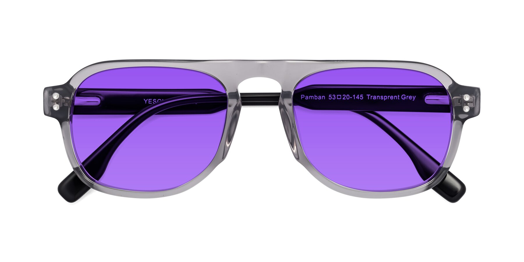 Folded Front of Pamban in Transprent Gray with Purple Tinted Lenses