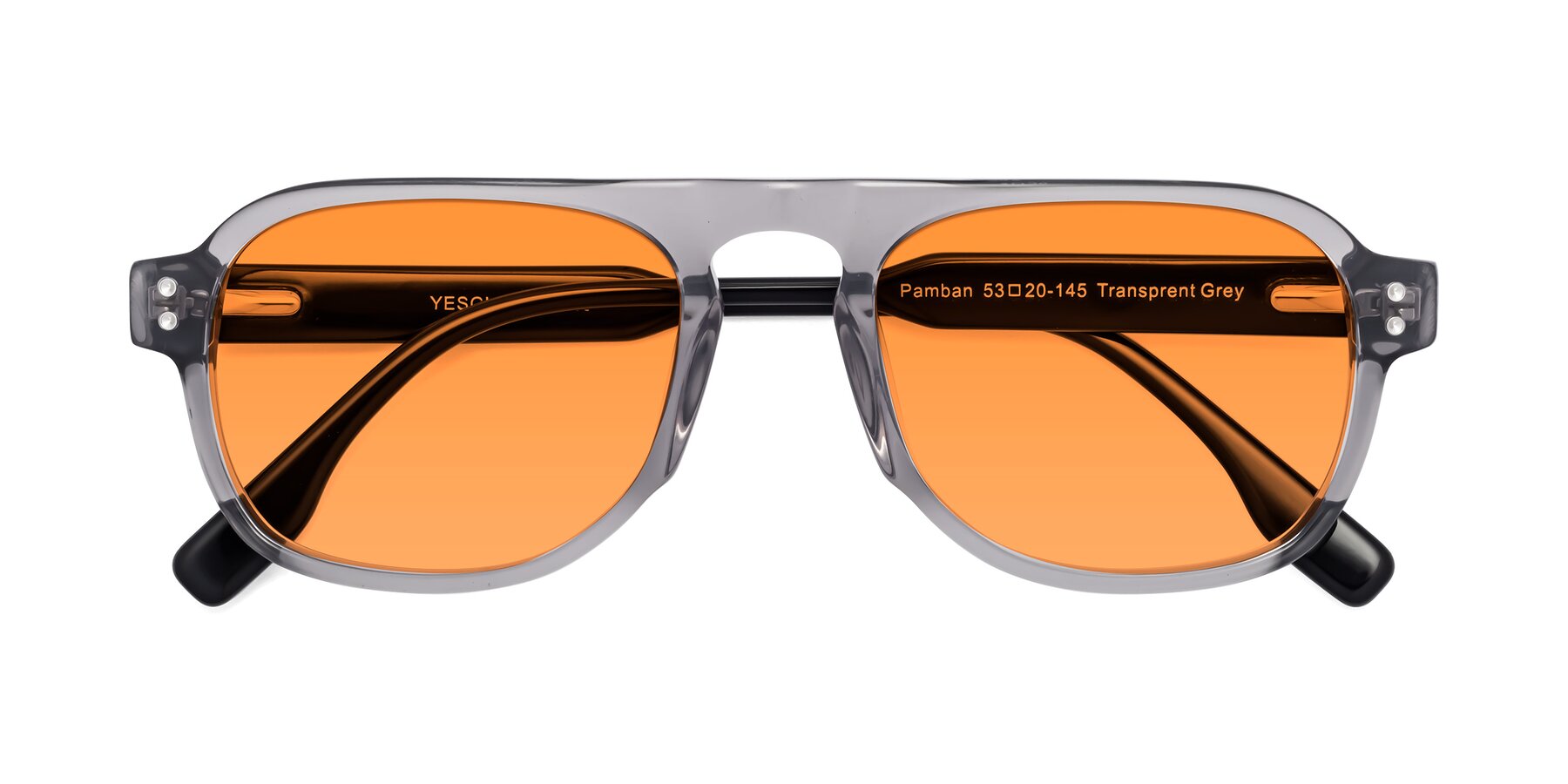 Folded Front of Pamban in Transprent Gray with Orange Tinted Lenses