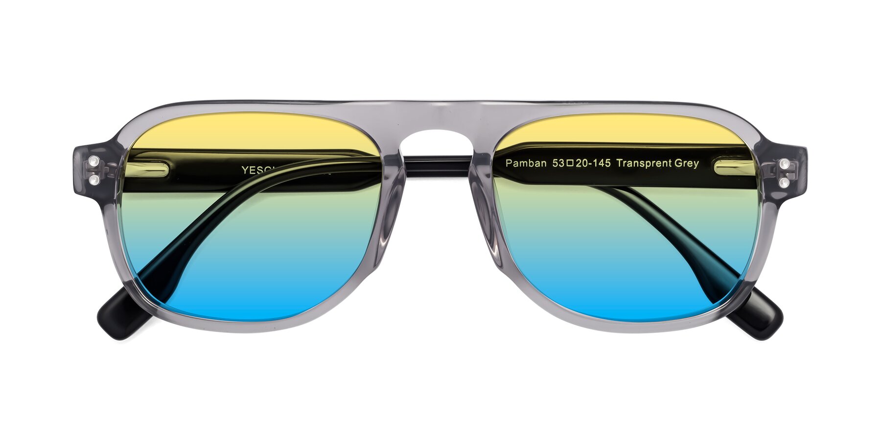 Folded Front of Pamban in Transprent Gray with Yellow / Blue Gradient Lenses