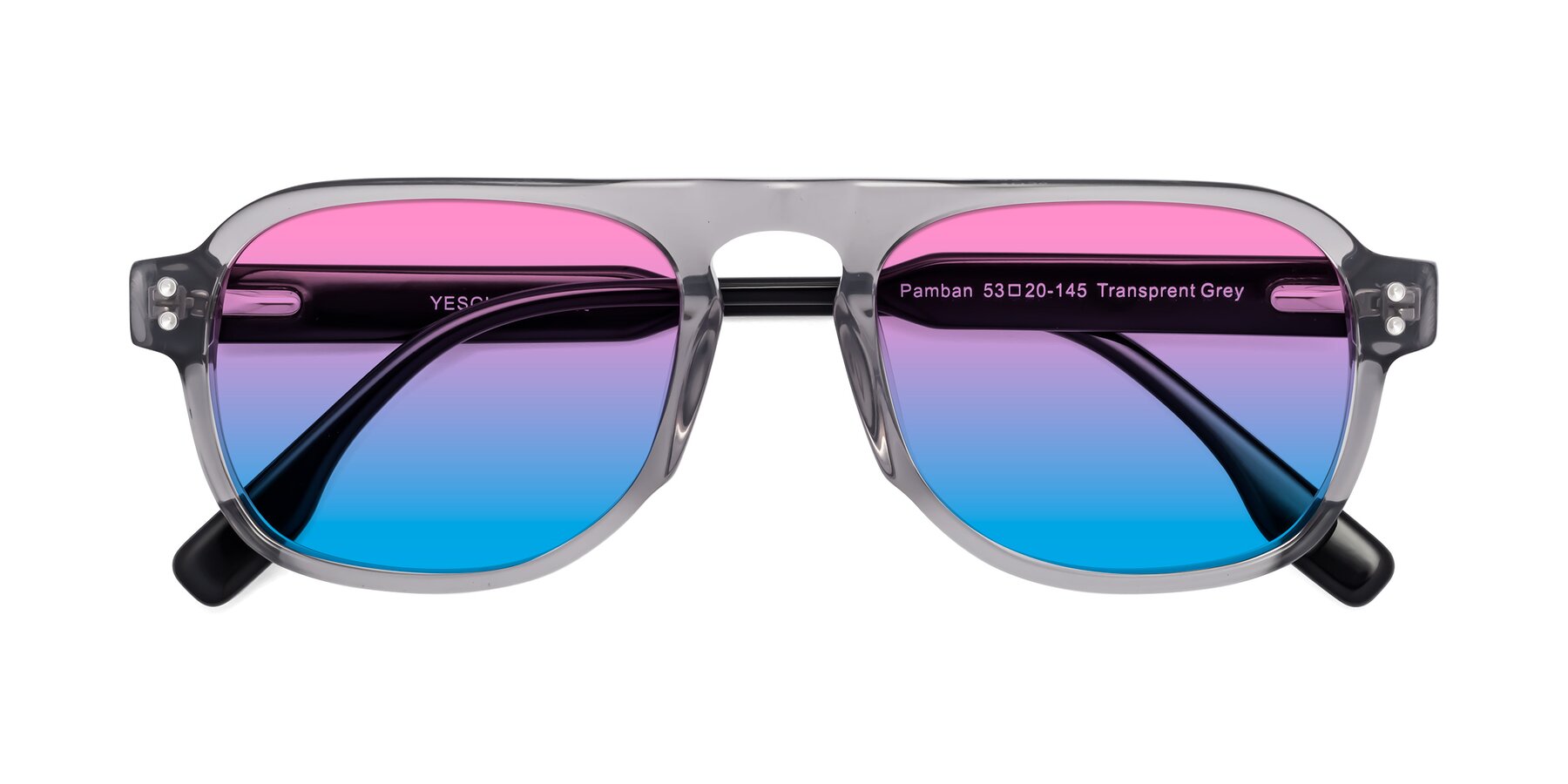 Folded Front of Pamban in Transprent Gray with Pink / Blue Gradient Lenses