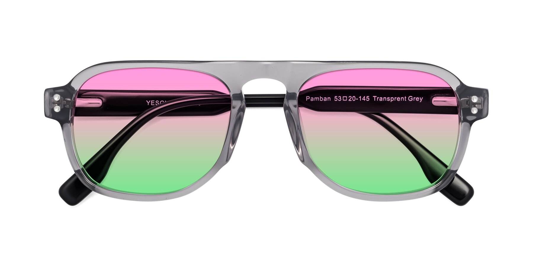 Folded Front of Pamban in Transprent Gray with Pink / Green Gradient Lenses