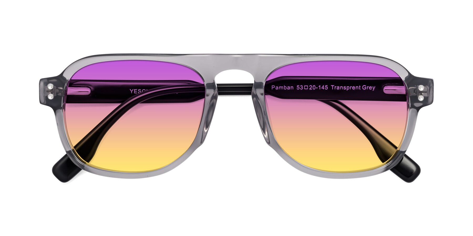Folded Front of Pamban in Transprent Gray with Purple / Yellow Gradient Lenses