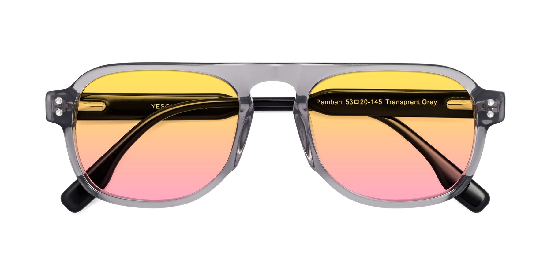 Folded Front of Pamban in Transprent Gray with Yellow / Pink Gradient Lenses