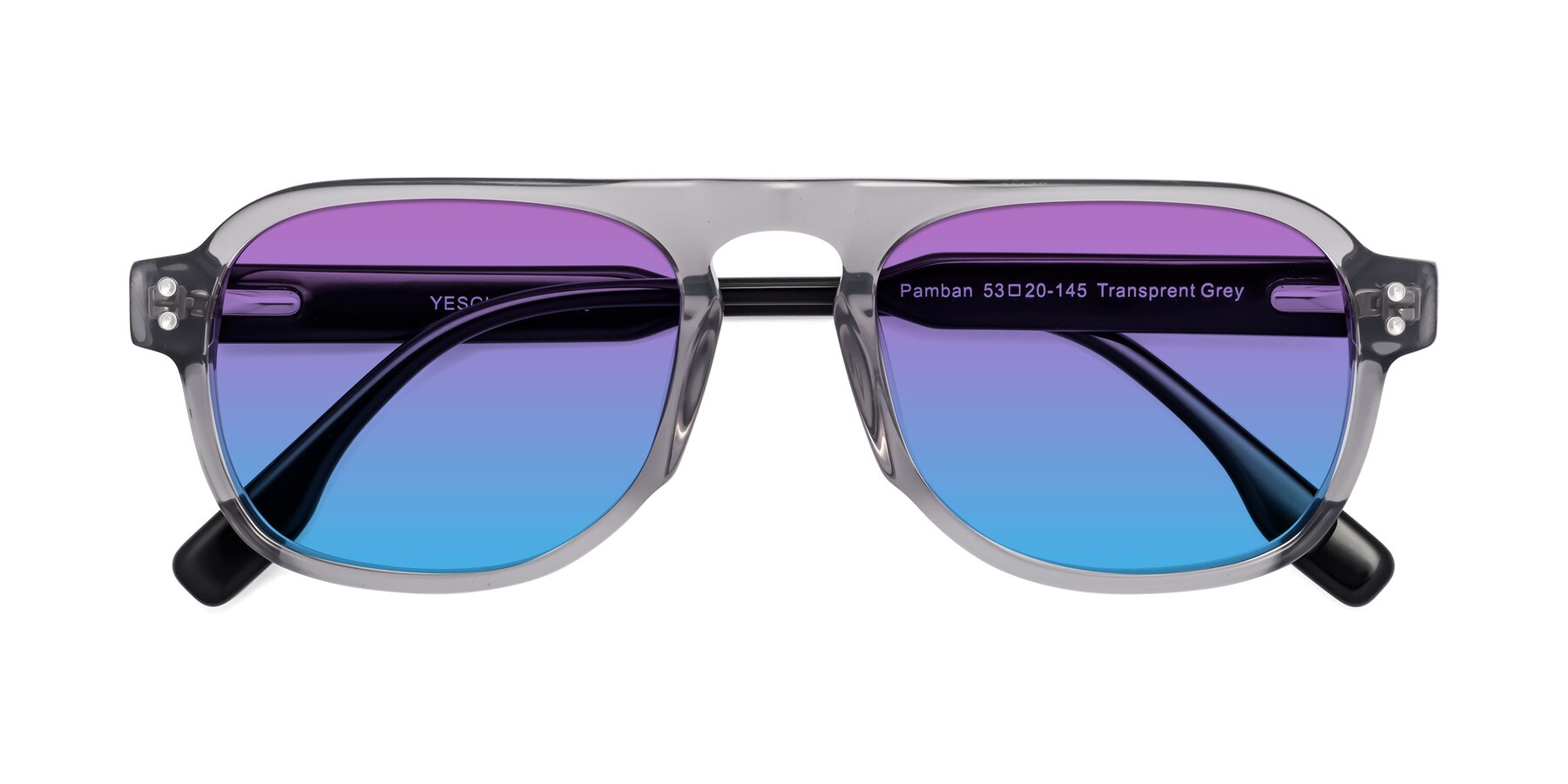 Folded Front of Pamban in Transprent Gray with Purple / Blue Gradient Lenses