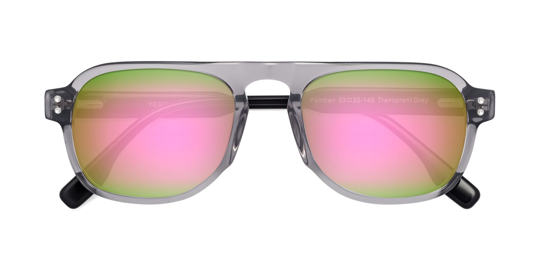Folded Front of Pamban in Transprent Gray with Pink Mirrored Lenses
