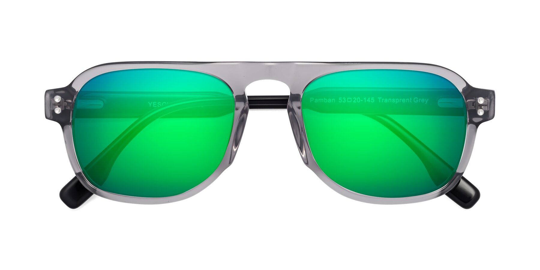 Folded Front of Pamban in Transprent Gray with Green Mirrored Lenses