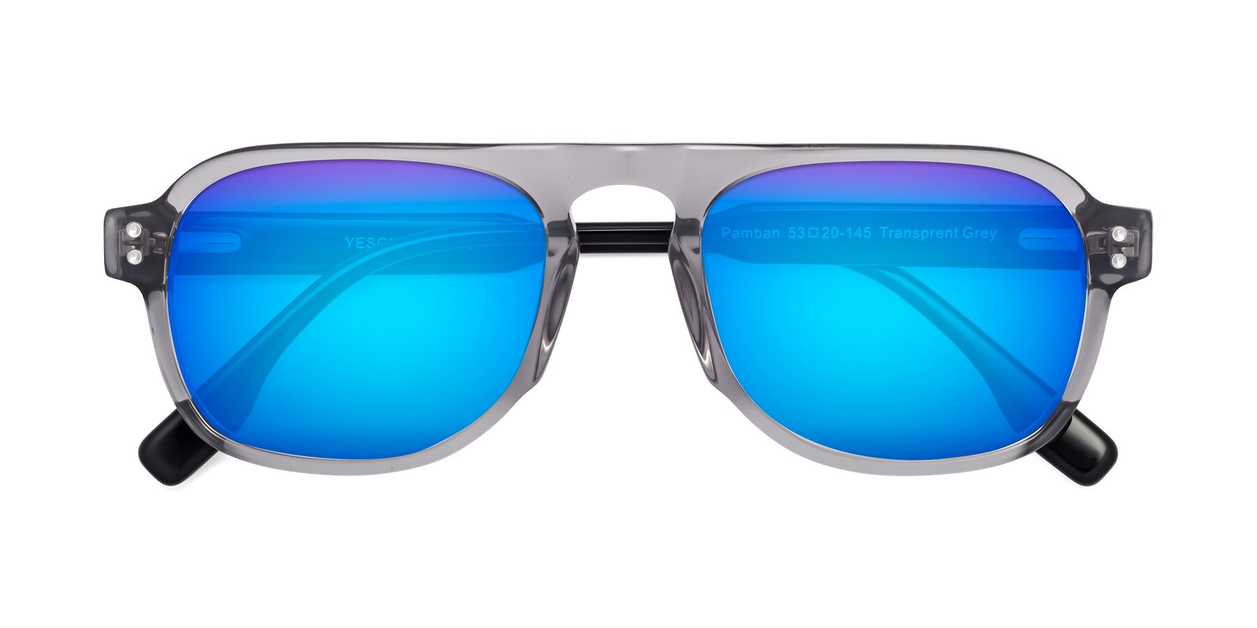 Folded Front of Pamban in Transprent Gray with Blue Mirrored Lenses