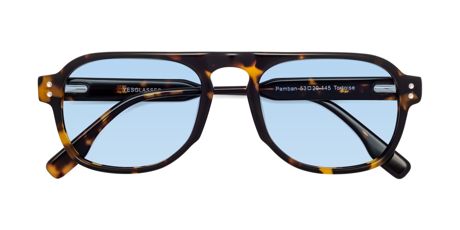 Folded Front of Pamban in Tortoise with Light Blue Tinted Lenses