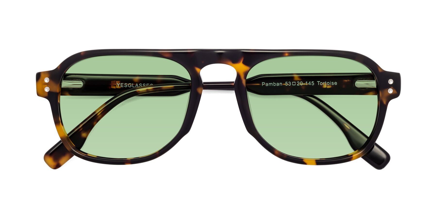 Folded Front of Pamban in Tortoise with Medium Green Tinted Lenses