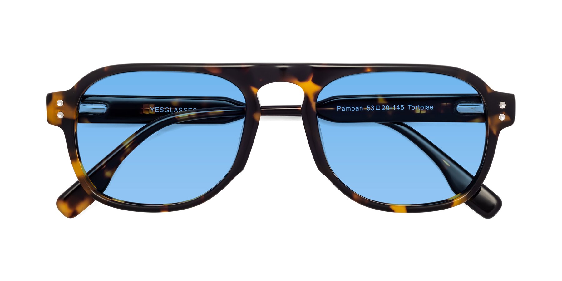 Folded Front of Pamban in Tortoise with Medium Blue Tinted Lenses