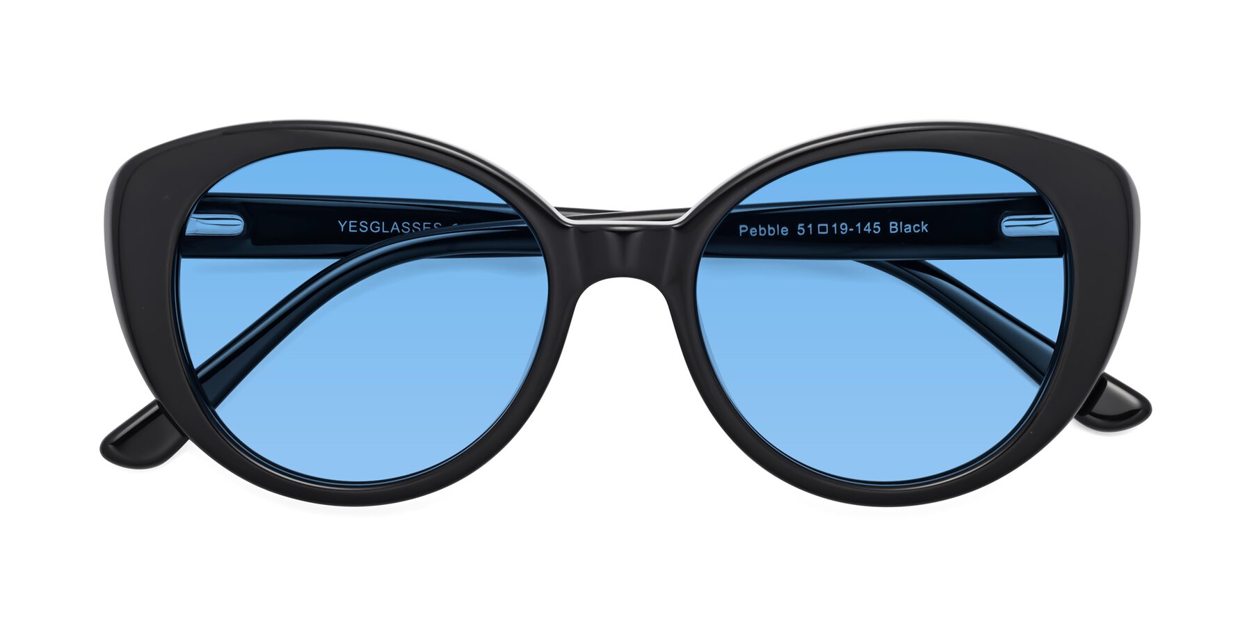 Folded Front of Pebble in Black with Medium Blue Tinted Lenses