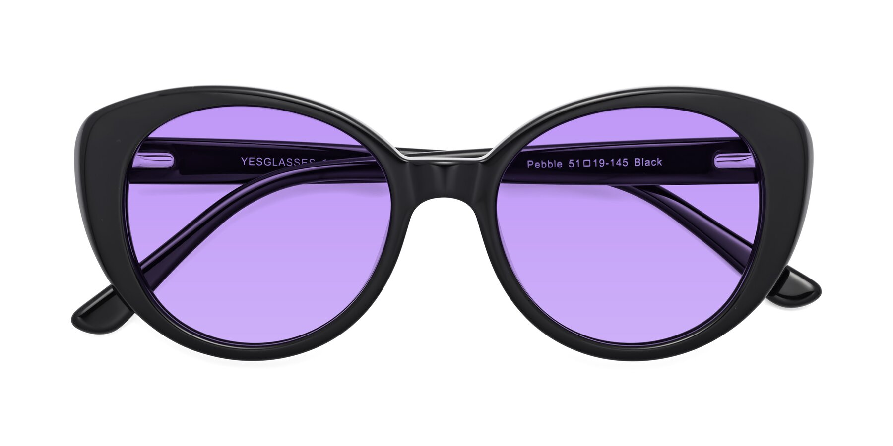 Folded Front of Pebble in Black with Medium Purple Tinted Lenses