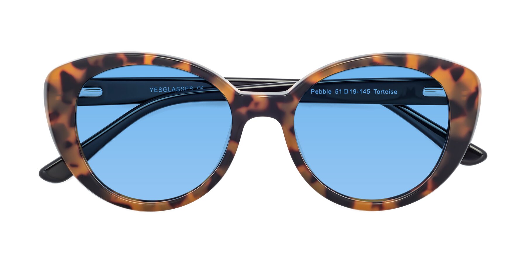 Folded Front of Pebble in Tortoise with Medium Blue Tinted Lenses